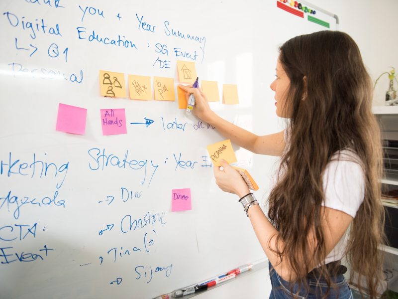 woman in blue denim jacket holding yellow sticky notes